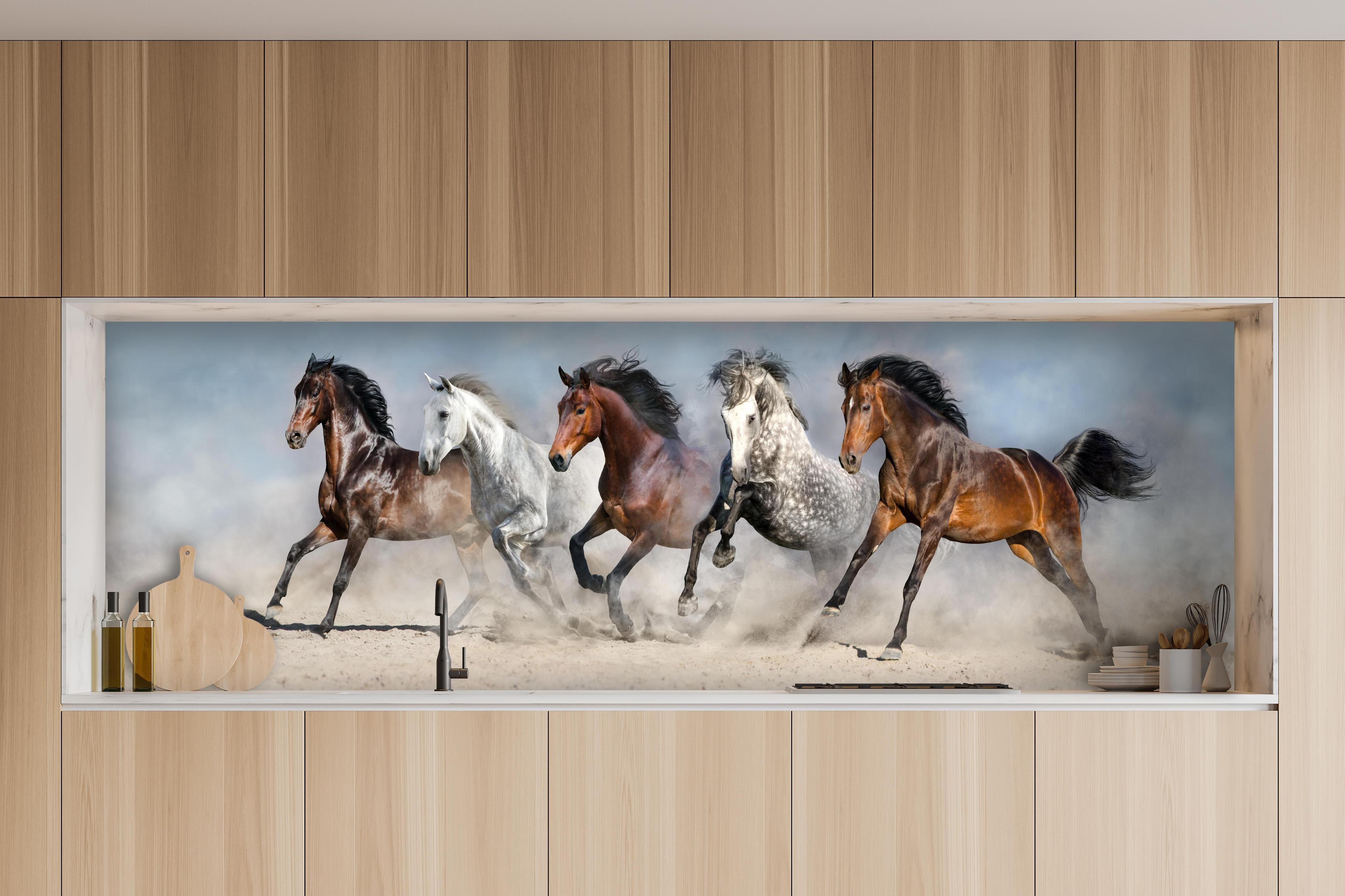 Küche - Vier Pferde rennen Sandwolke Himmel hinter weißen Hochglanz-Küchenregalen und schwarzem Wasserhahn