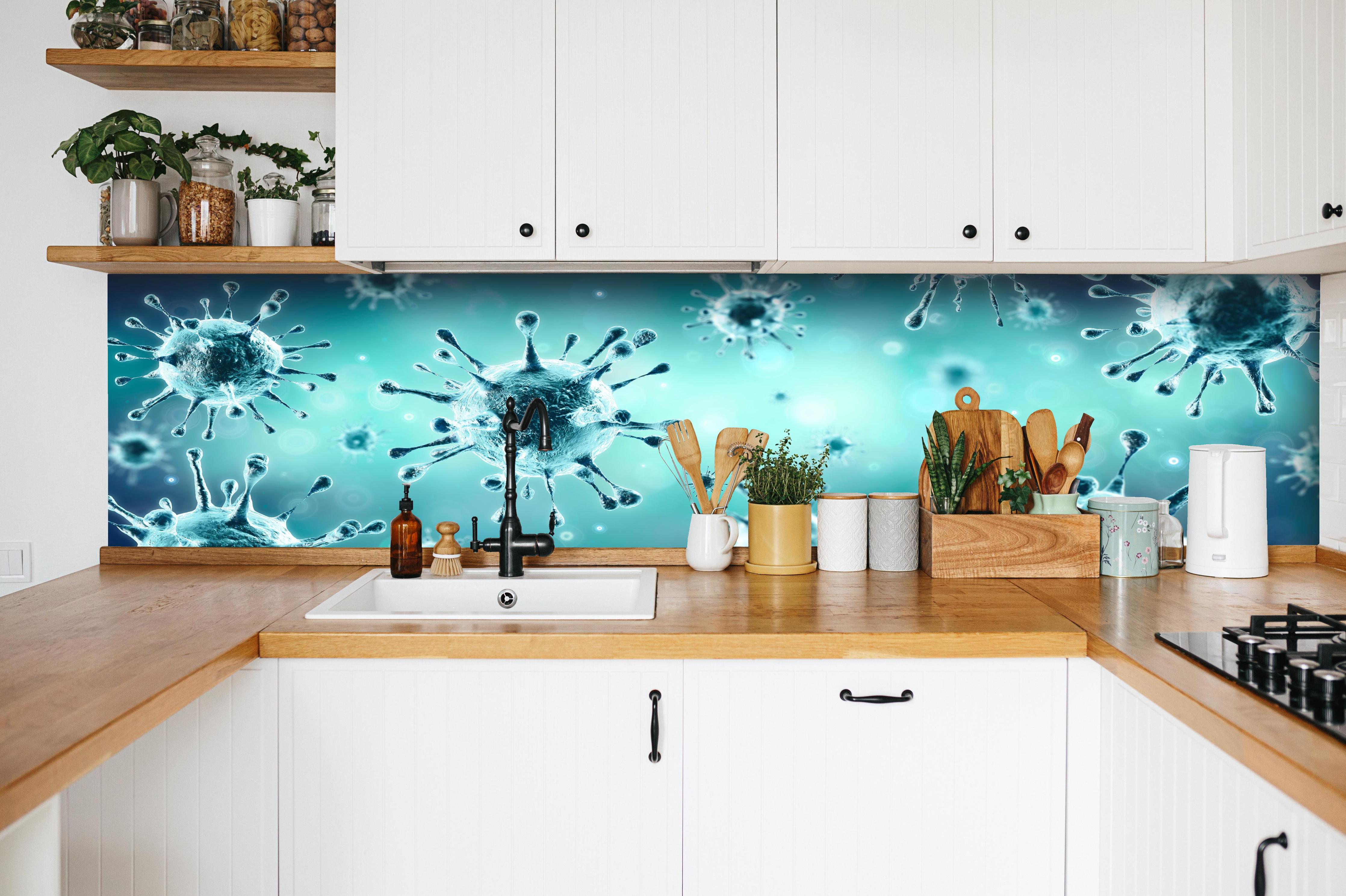 Küche - Virologie - Corona Virus  hinter weißen Hochglanz-Küchenregalen und schwarzem Wasserhahn