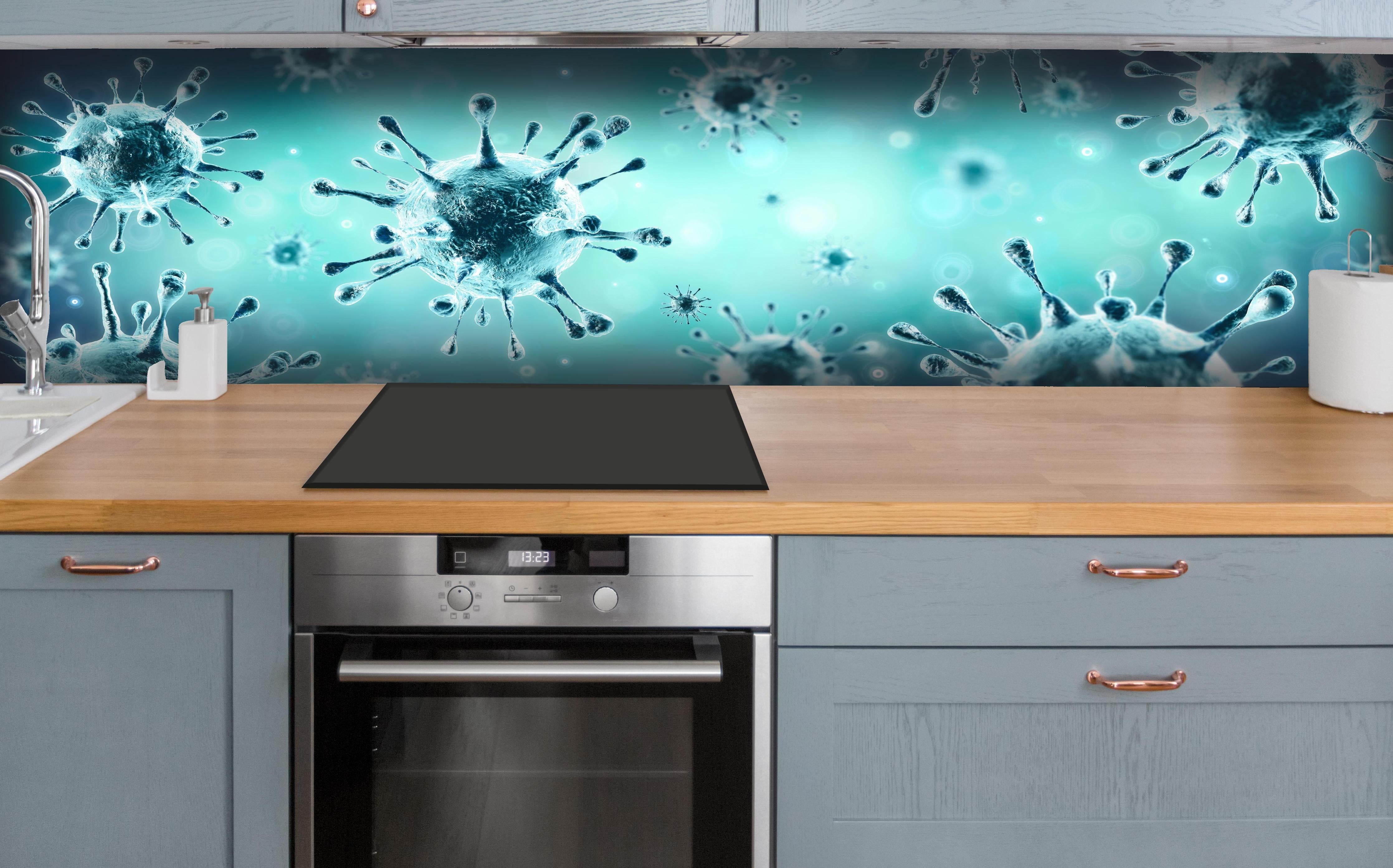 Küche - Virologie - Corona Virus  hinter weißen Hochglanz-Küchenregalen und schwarzem Wasserhahn