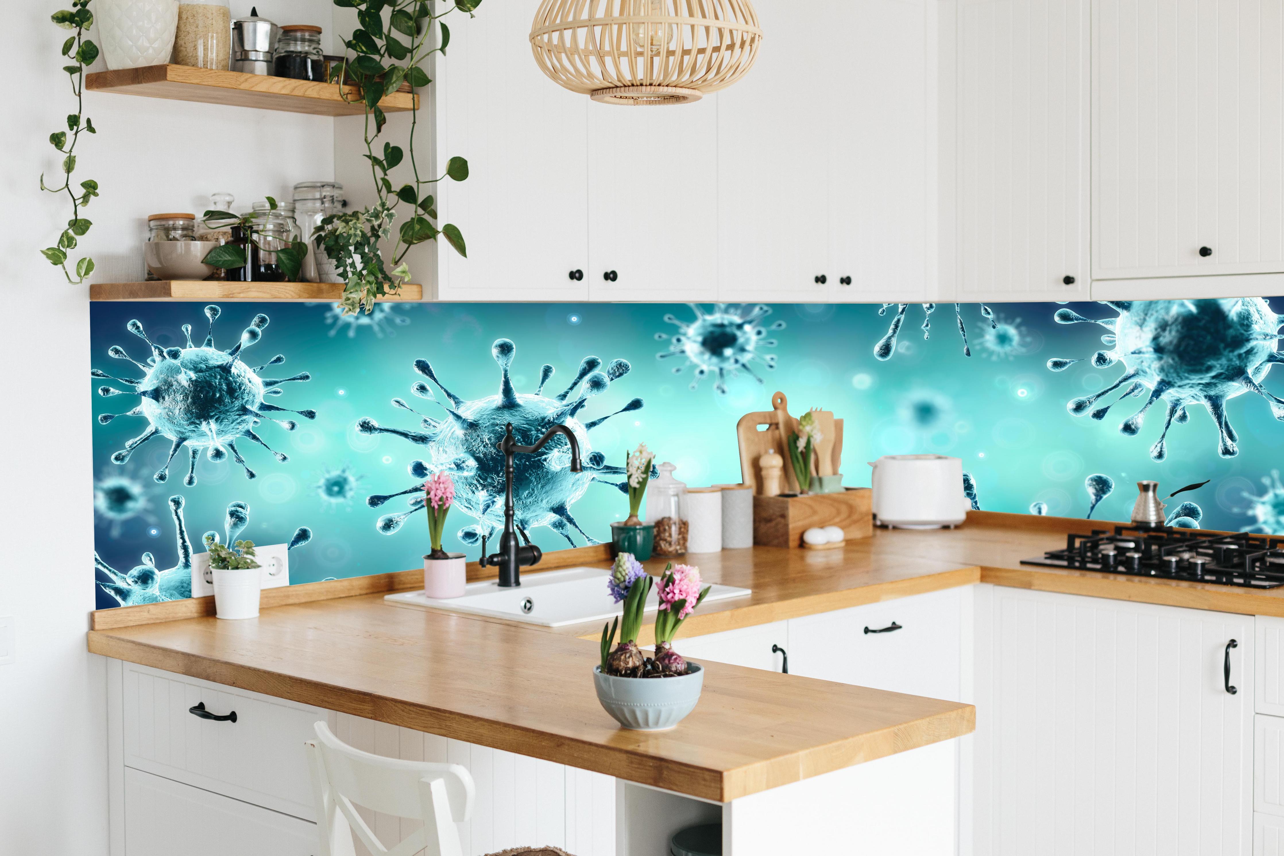 Küche - Virologie - Corona Virus  hinter weißen Hochglanz-Küchenregalen und schwarzem Wasserhahn