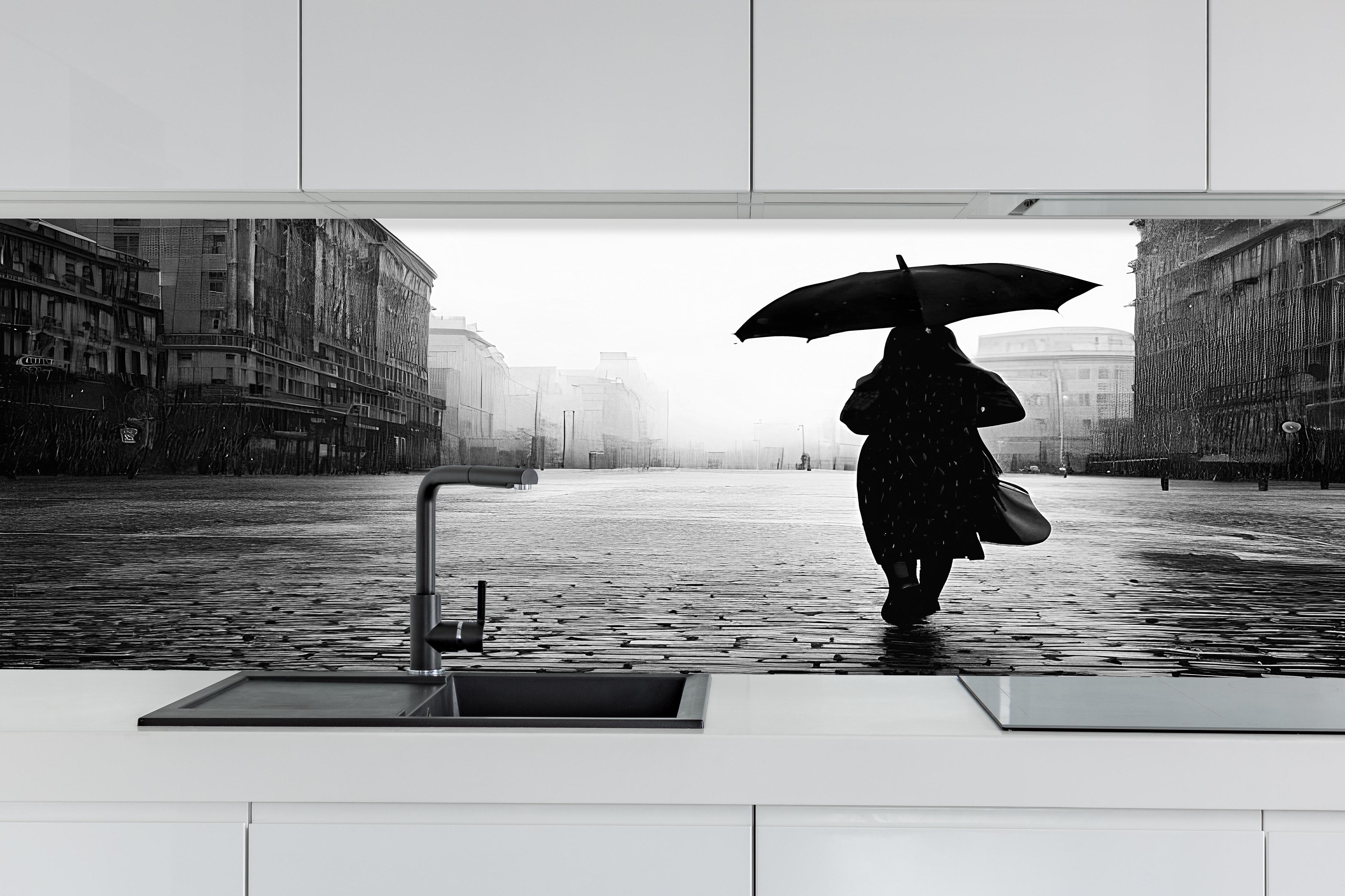 Küche - Walking Alone hinter weißen Hochglanz-Küchenregalen und schwarzem Wasserhahn