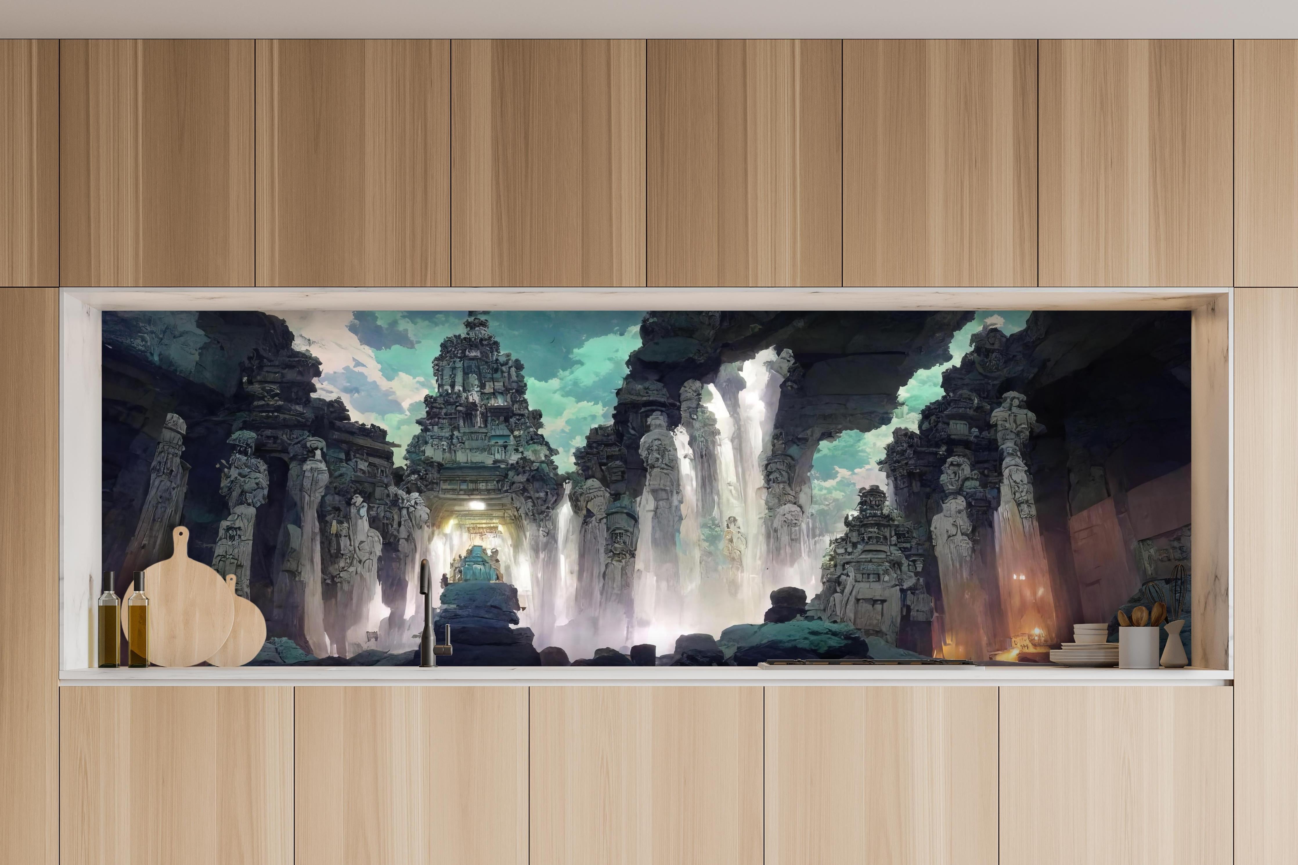 Küche - Wasserfall in einer Höhle - Zeichnung hinter weißen Hochglanz-Küchenregalen und schwarzem Wasserhahn