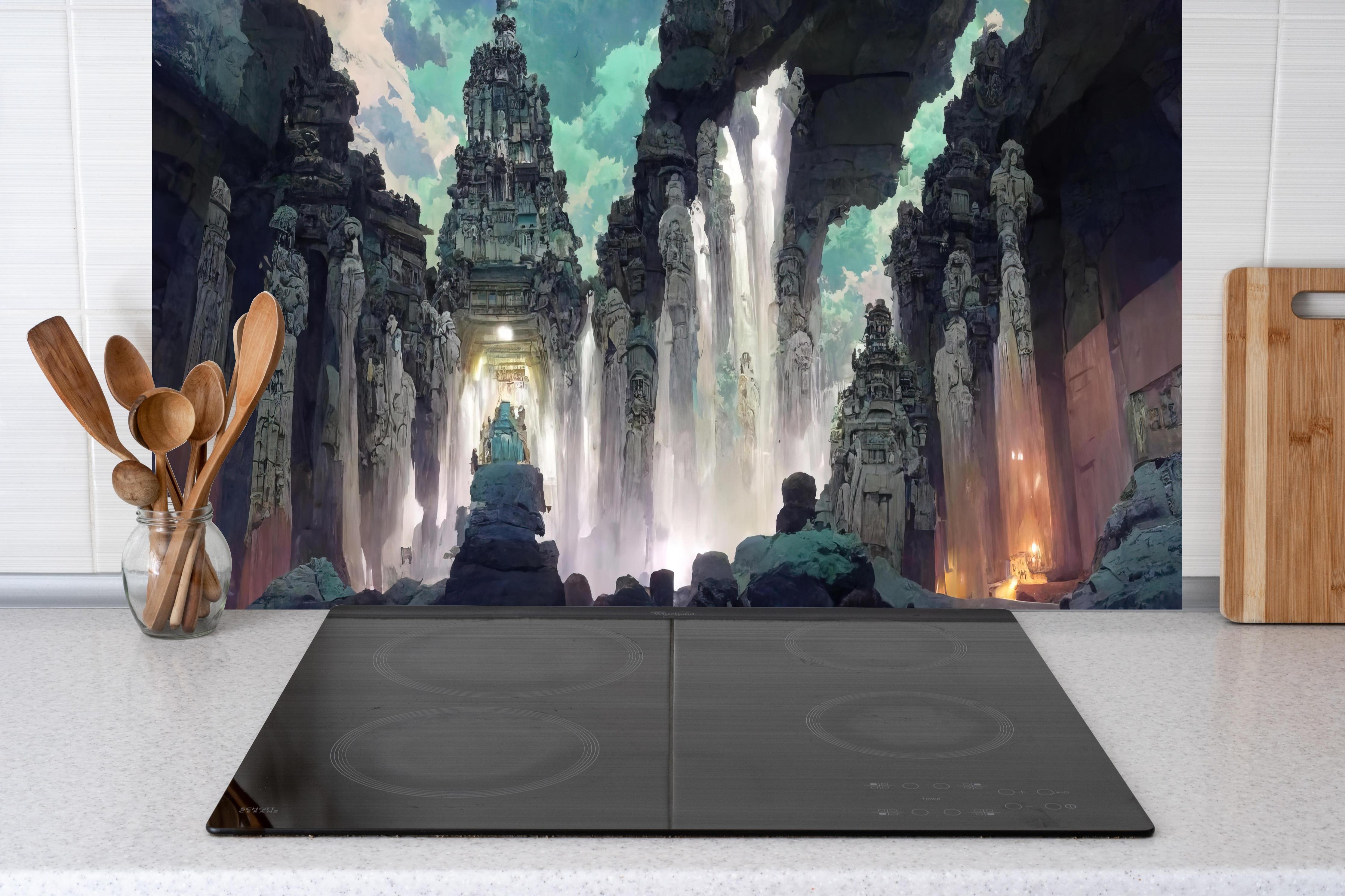 Küche - Wasserfall in einer Höhle - Zeichnung hinter weißen Hochglanz-Küchenregalen und schwarzem Wasserhahn