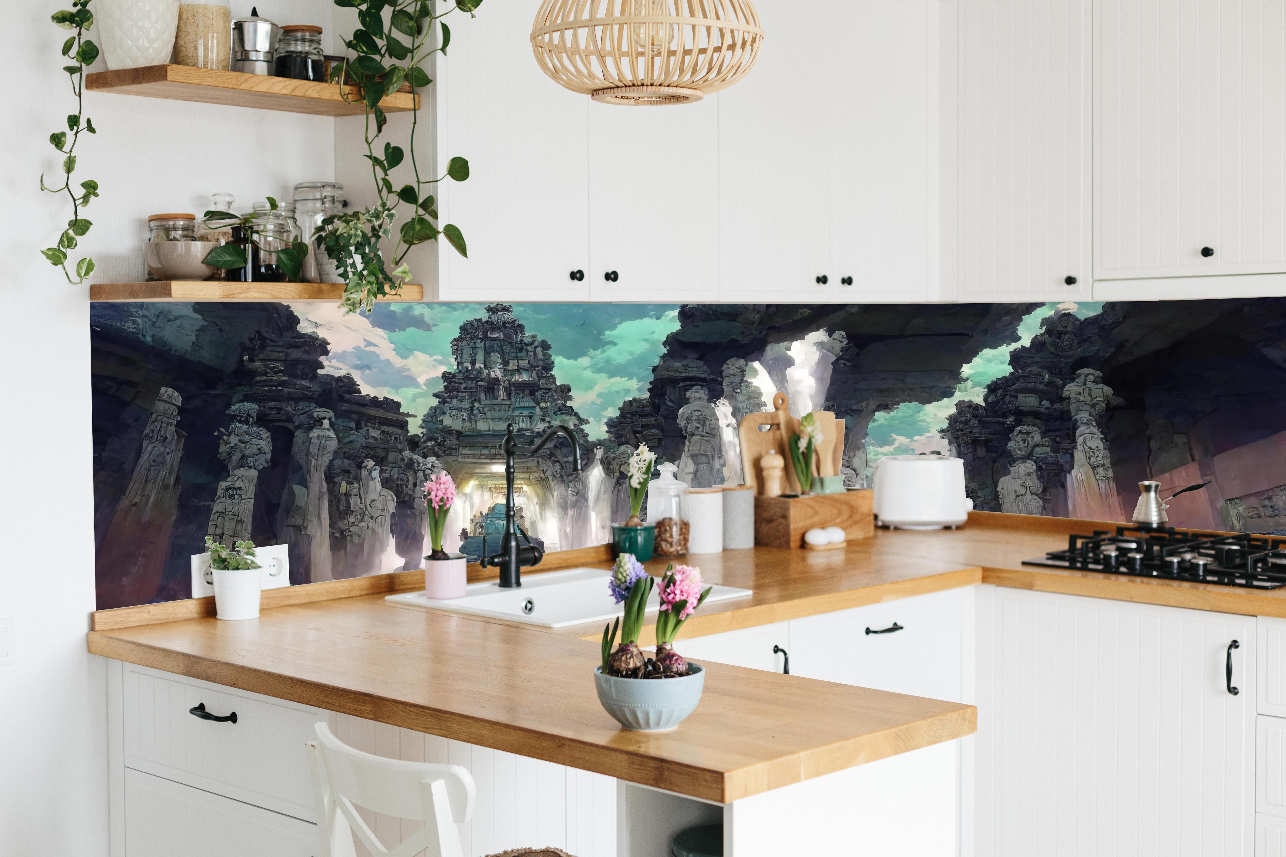 Küche - Wasserfall in einer Höhle - Zeichnung hinter weißen Hochglanz-Küchenregalen und schwarzem Wasserhahn