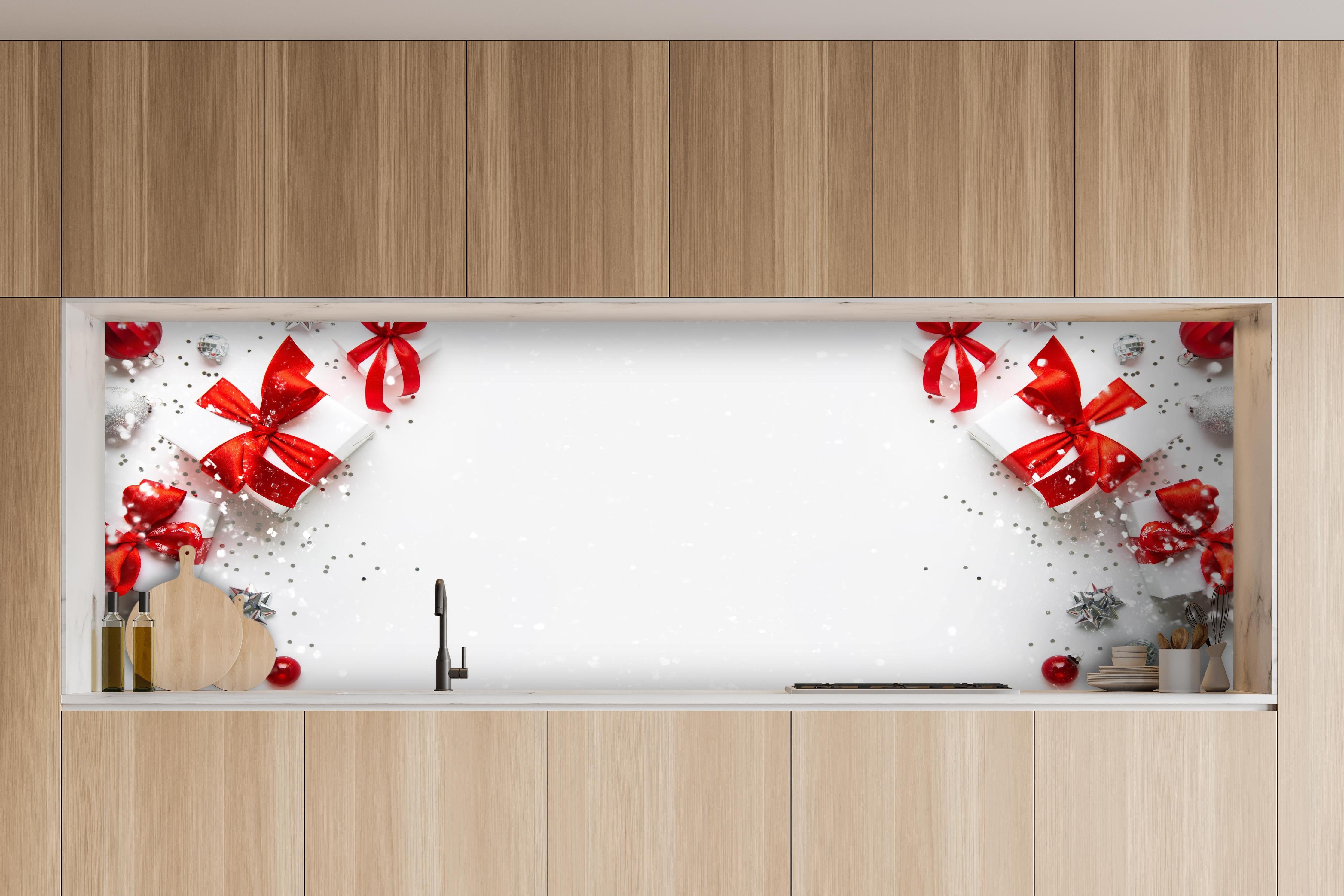 Küche - Weihnachtliche Geschenke mit Roter Schleife hinter weißen Hochglanz-Küchenregalen und schwarzem Wasserhahn