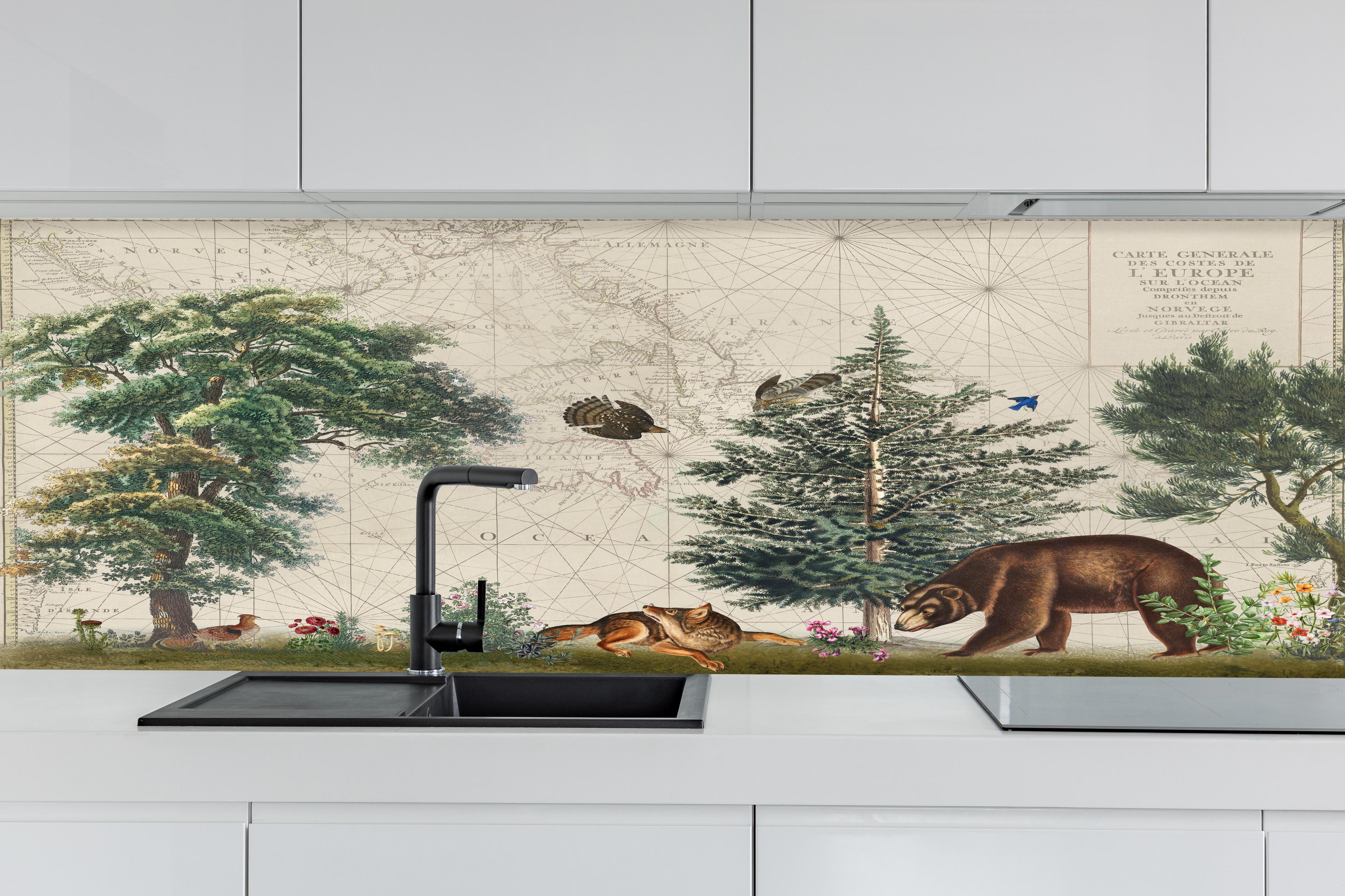 Küche - Weltkarte mit tropischem Wald hinter weißen Hochglanz-Küchenregalen und schwarzem Wasserhahn