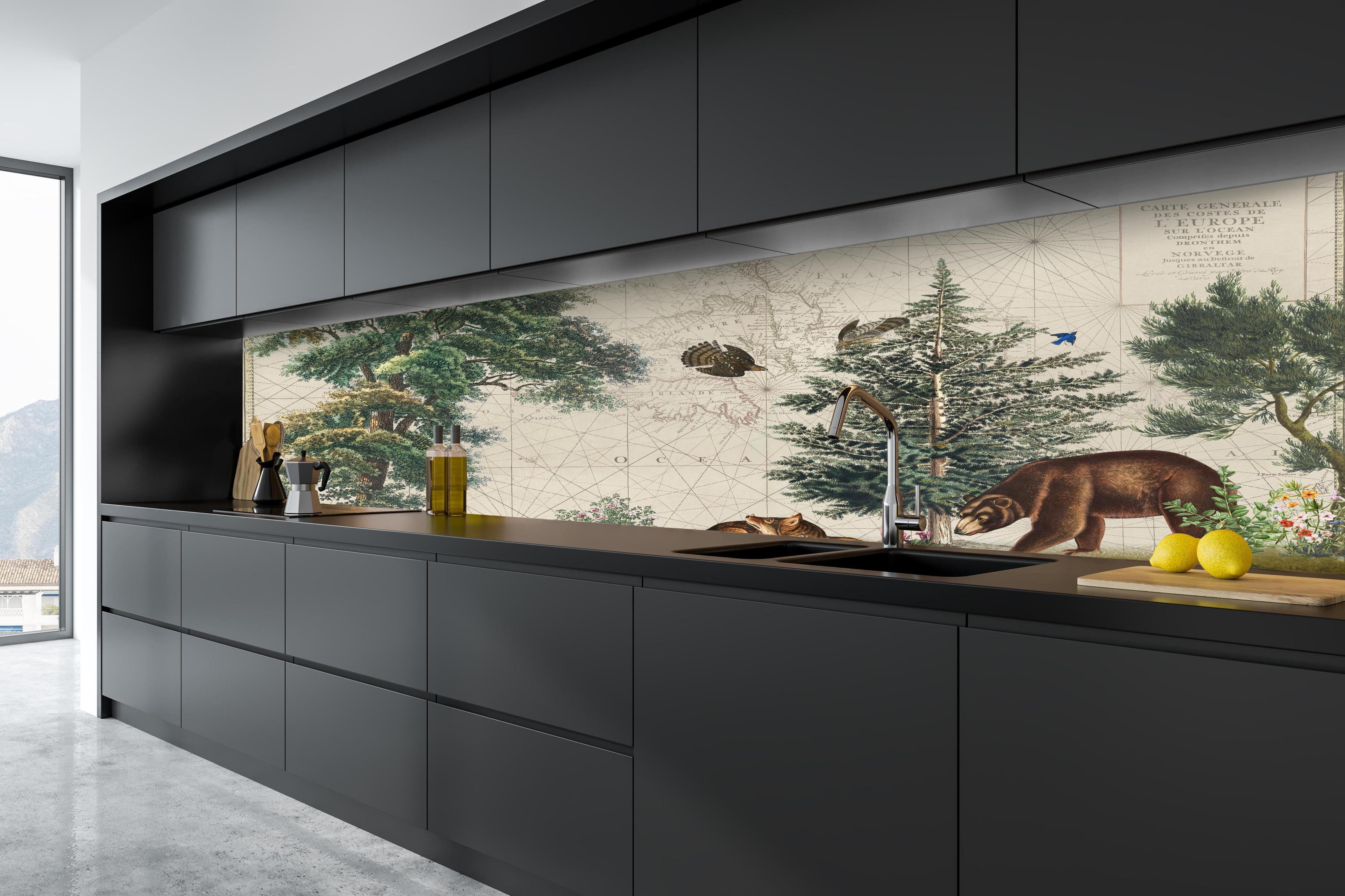 Küche - Weltkarte mit tropischem Wald hinter weißen Hochglanz-Küchenregalen und schwarzem Wasserhahn