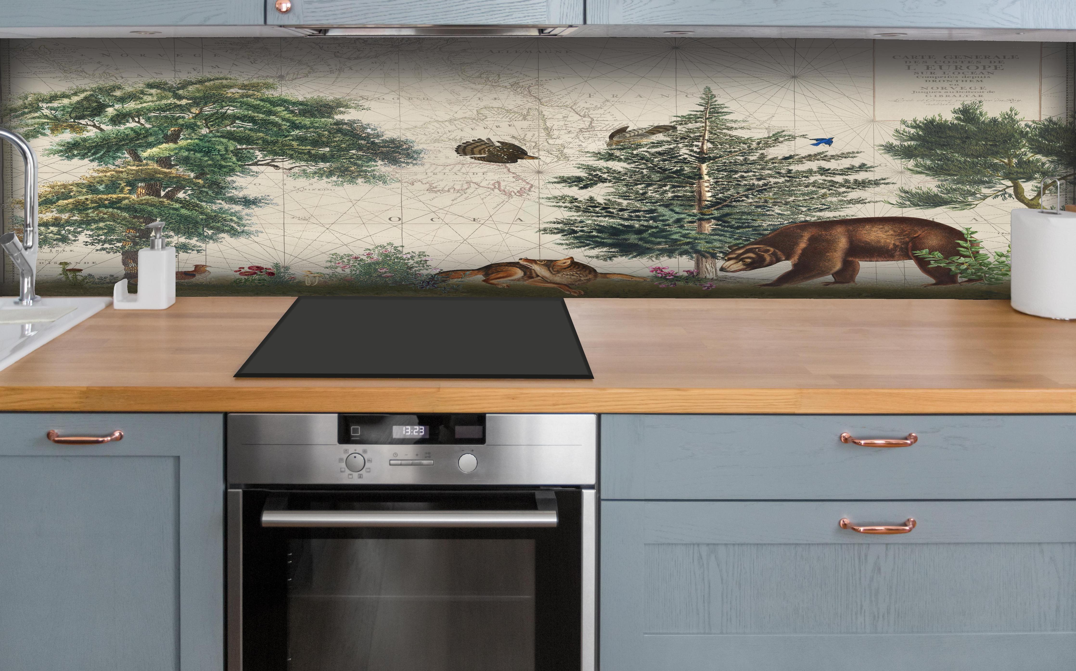 Küche - Weltkarte mit tropischem Wald hinter weißen Hochglanz-Küchenregalen und schwarzem Wasserhahn