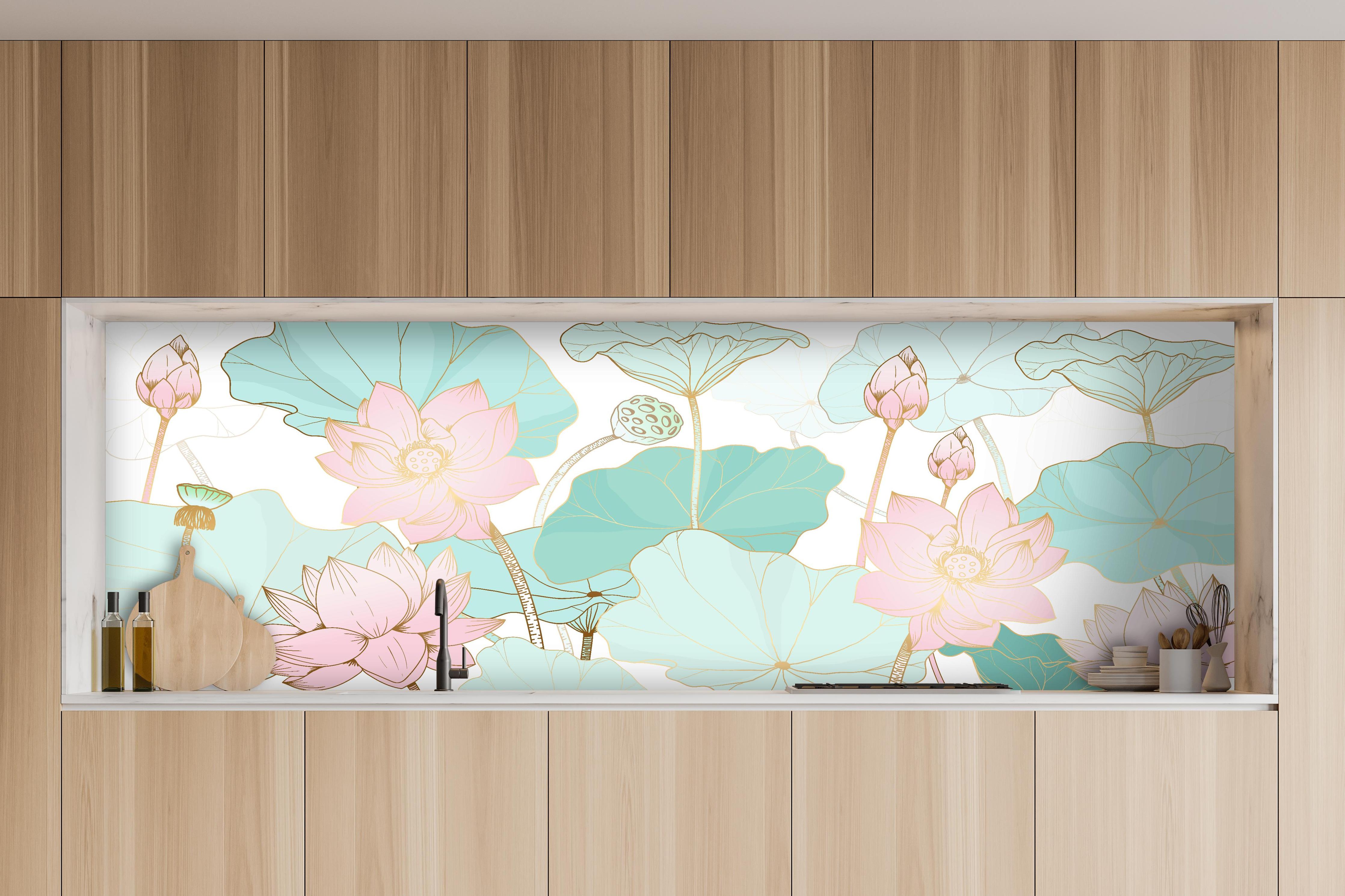 Küche - Zarte Lotusblume Muster Illustration Pastell hinter weißen Hochglanz-Küchenregalen und schwarzem Wasserhahn