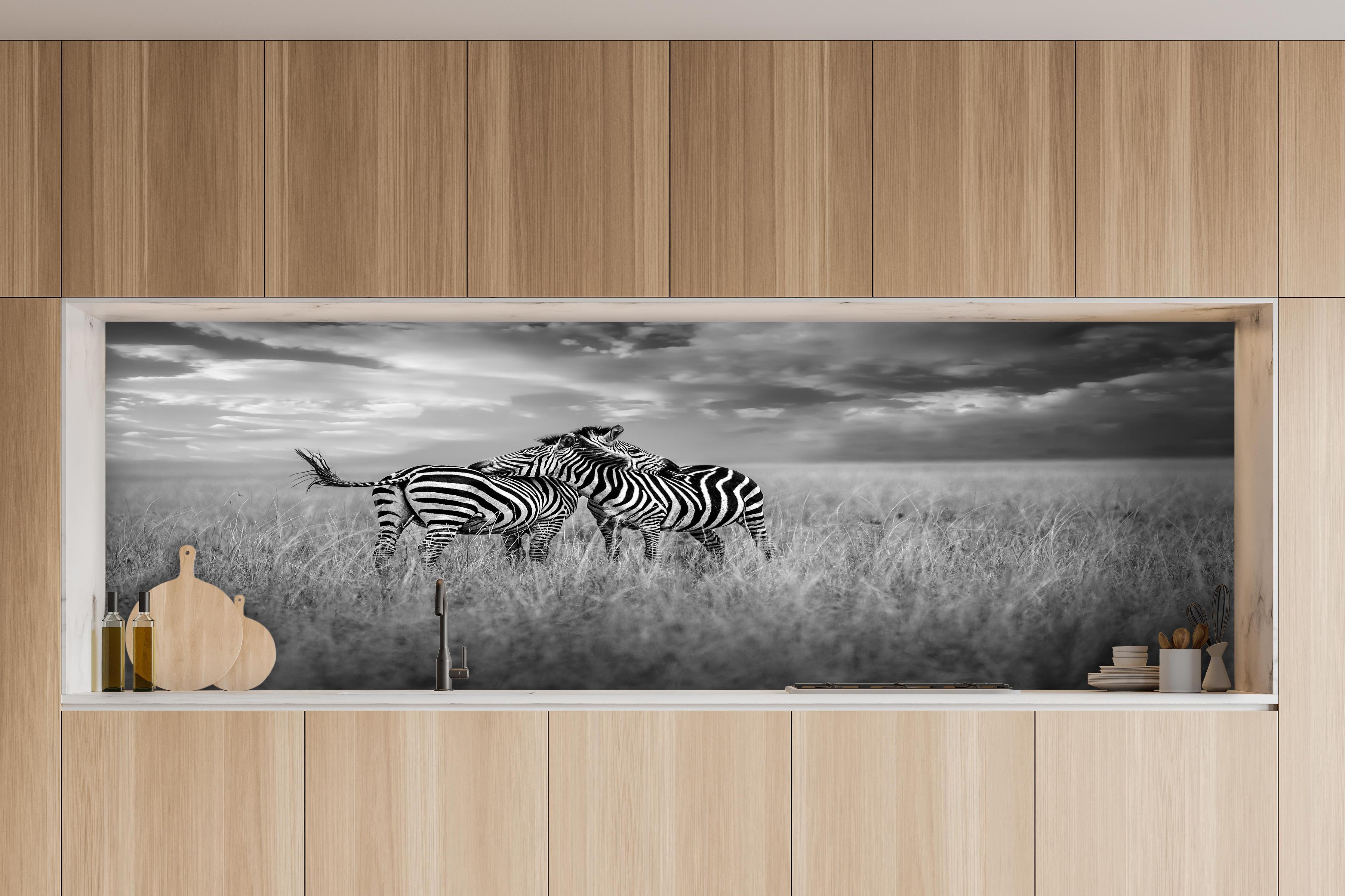 Küche - Zebras in ihrer Natur - Savanne hinter weißen Hochglanz-Küchenregalen und schwarzem Wasserhahn