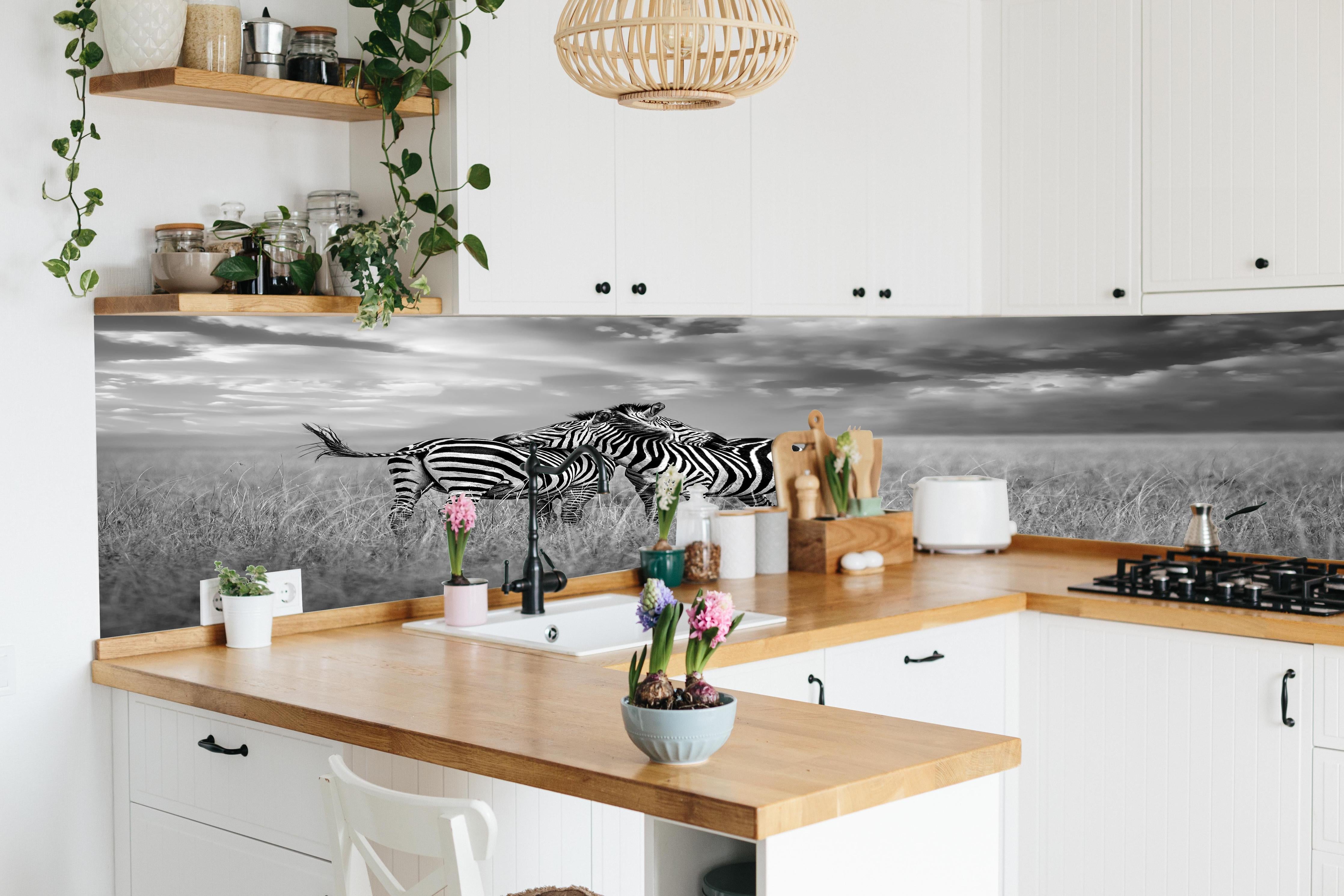 Küche - Zebras in ihrer Natur - Savanne hinter weißen Hochglanz-Küchenregalen und schwarzem Wasserhahn