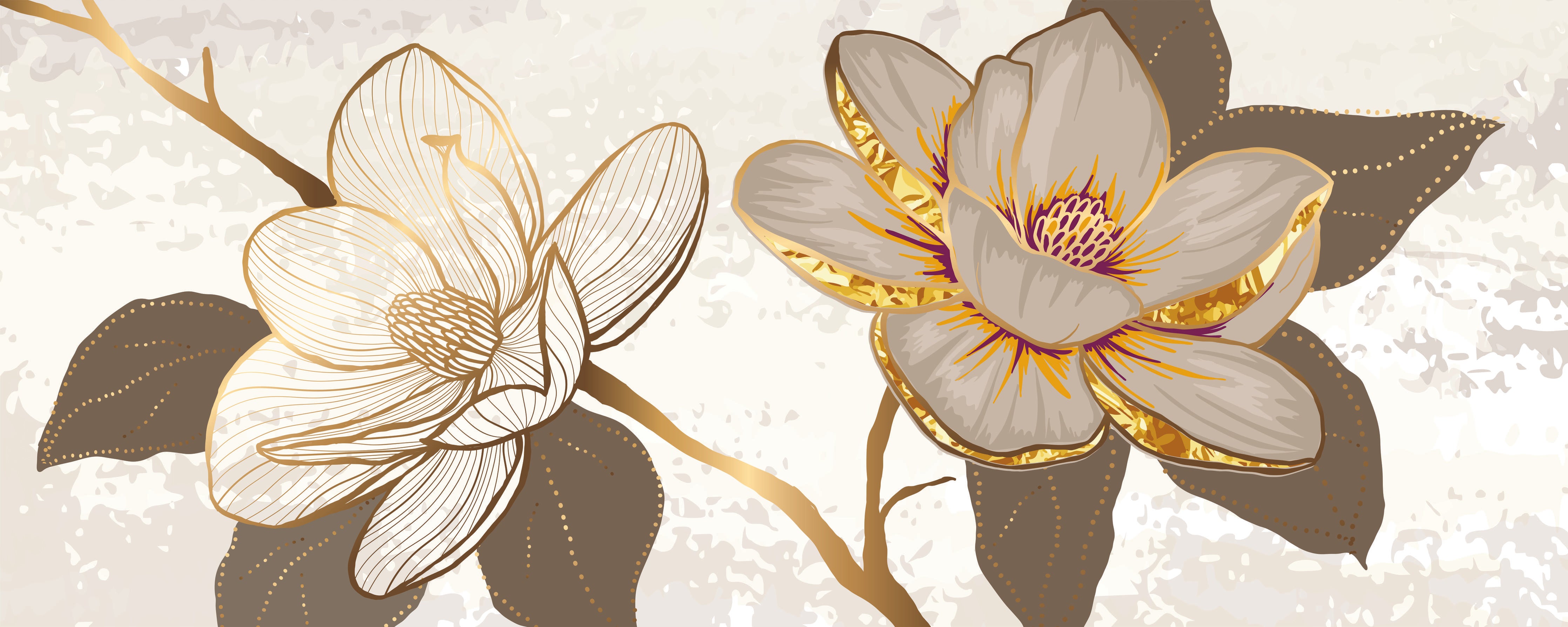 Küchenrückwand-Zeichnung Magnolienblüten Weiß Gold Akzente