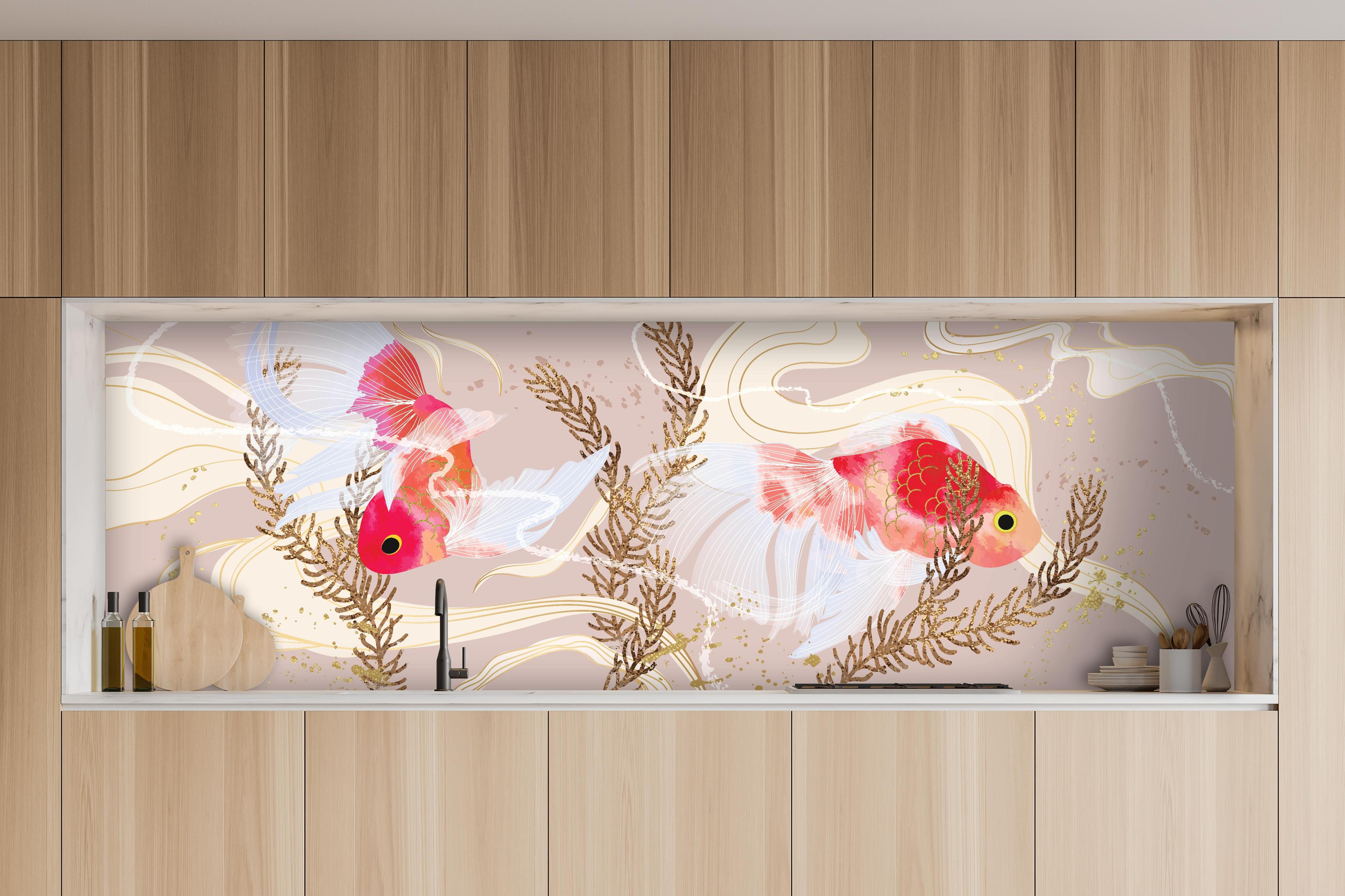 Küche - Zierfische Koi-Karpfen Aquarell-Design hinter weißen Hochglanz-Küchenregalen und schwarzem Wasserhahn