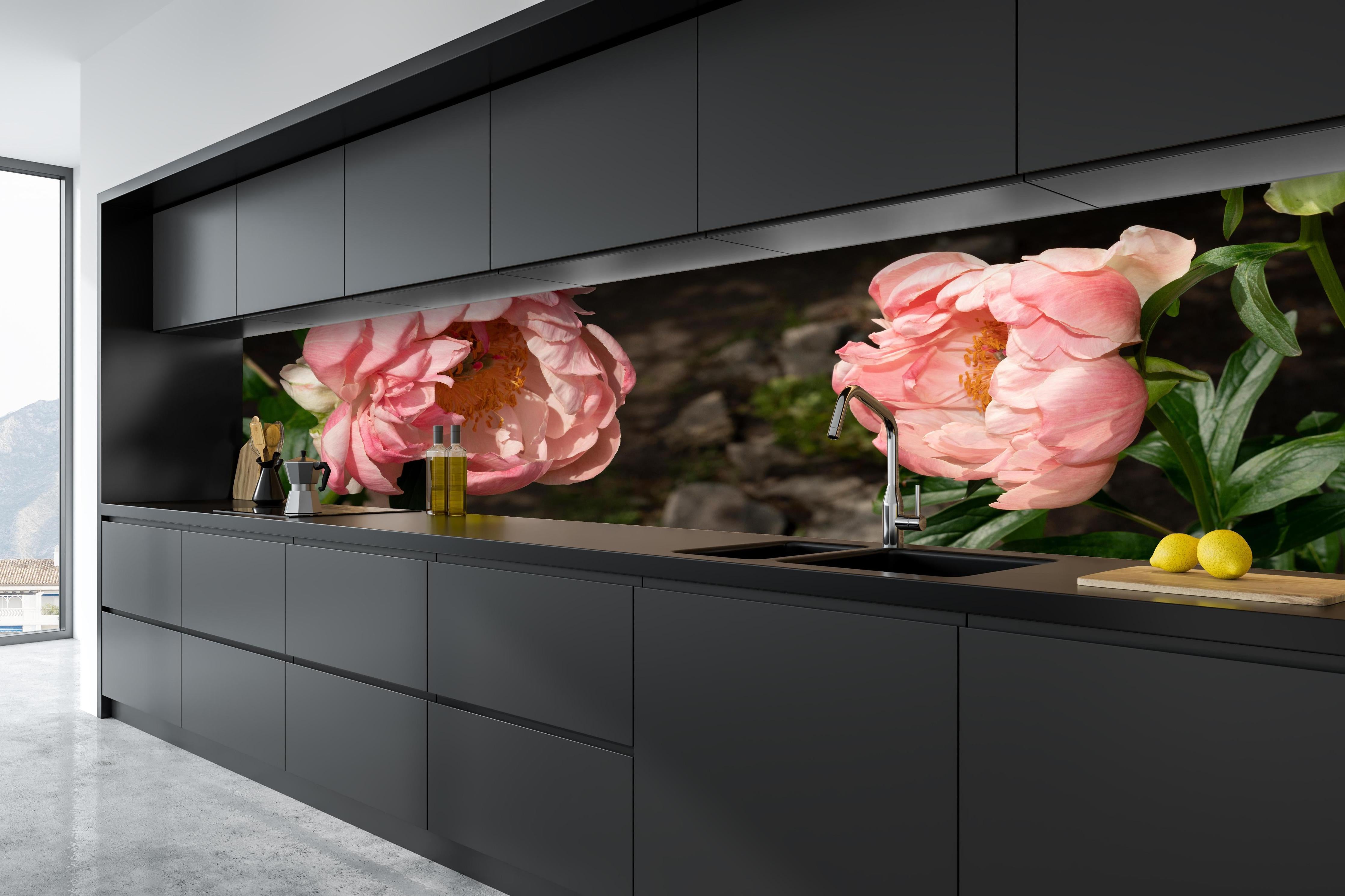 Küche - Zwei rosa Pfingstrosen in einem alten Garten. hinter weißen Hochglanz-Küchenregalen und schwarzem Wasserhahn