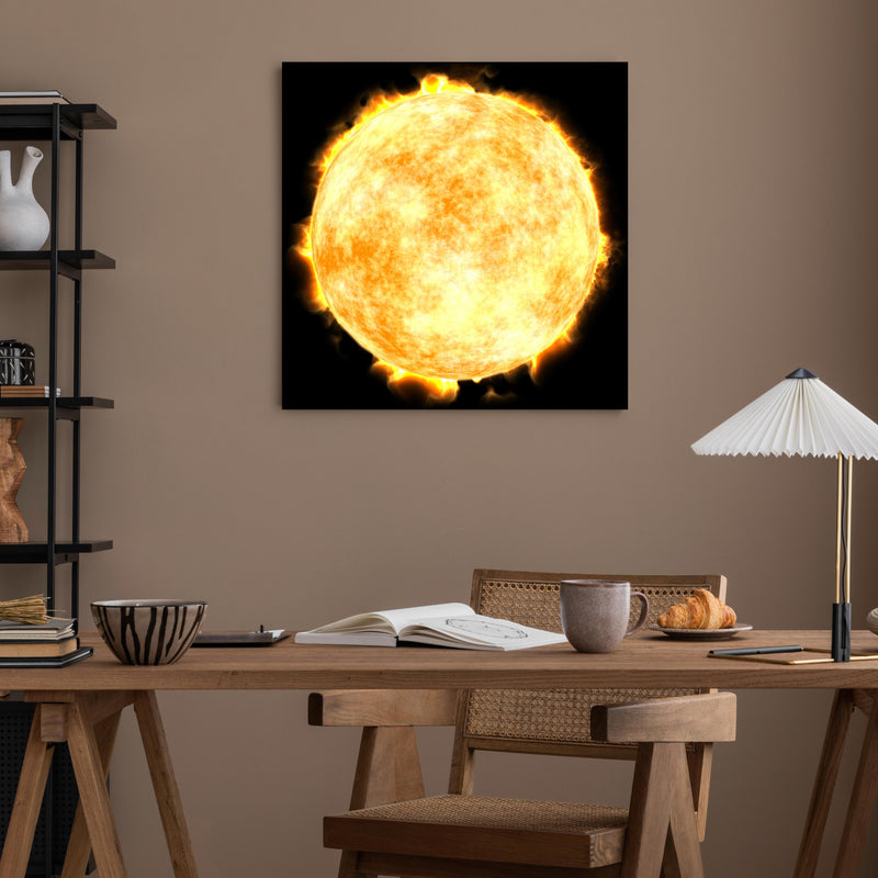 Office Poster  -  Sonne auf Schwarzem Hintergrund über poliertem Holztisch mit stilvoller Lampe - quadratisch