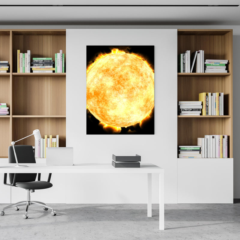 Office Poster  -  Sonne auf Schwarzem Hintergrund an einem Bücherschrank hinter kleinem Schreibtisch