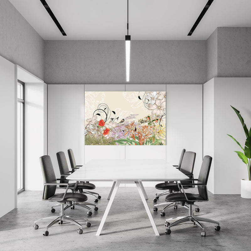 Office Poster  - Abstrakte Vögel Natur Illustration in einem Konferenzraum an weißer Wand hängend