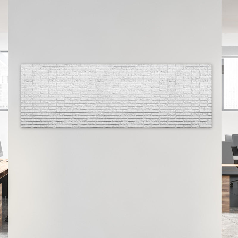 Office Poster  - Abstrakte weiße Backsteinmauer an weißer Wand in hell eingerichtetem Büro Zoom