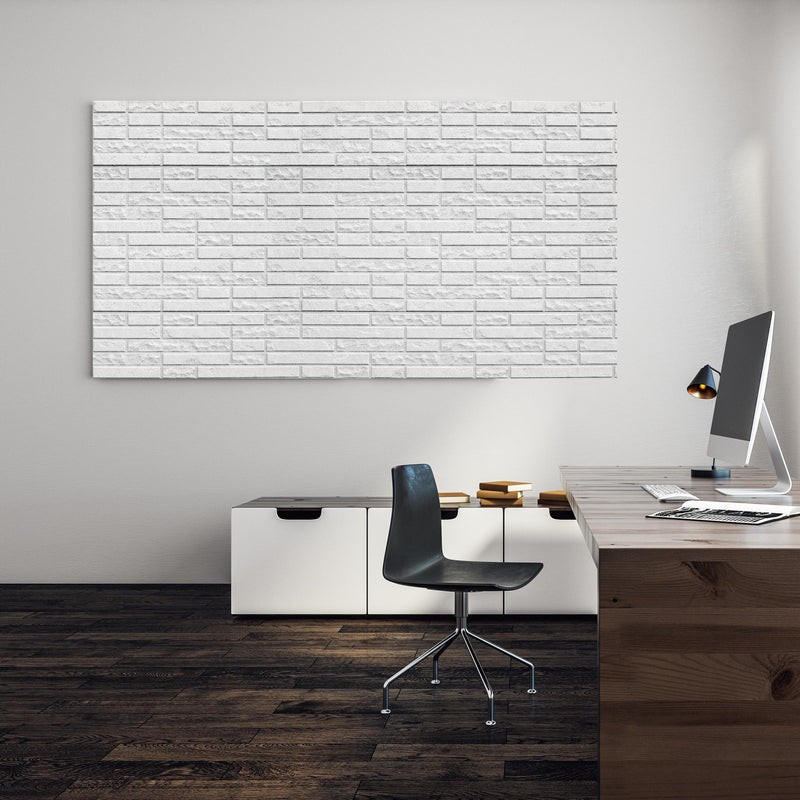 Office Poster  - Abstrakte weiße Backsteinmauer an einer Wand in minimalistisch eingerichtetem Heim-Büro