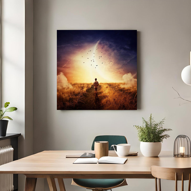 Office Poster  - Abstrakter kosmischer Ausblick über klassischem Holztisch mit runder Vase - quadratisch