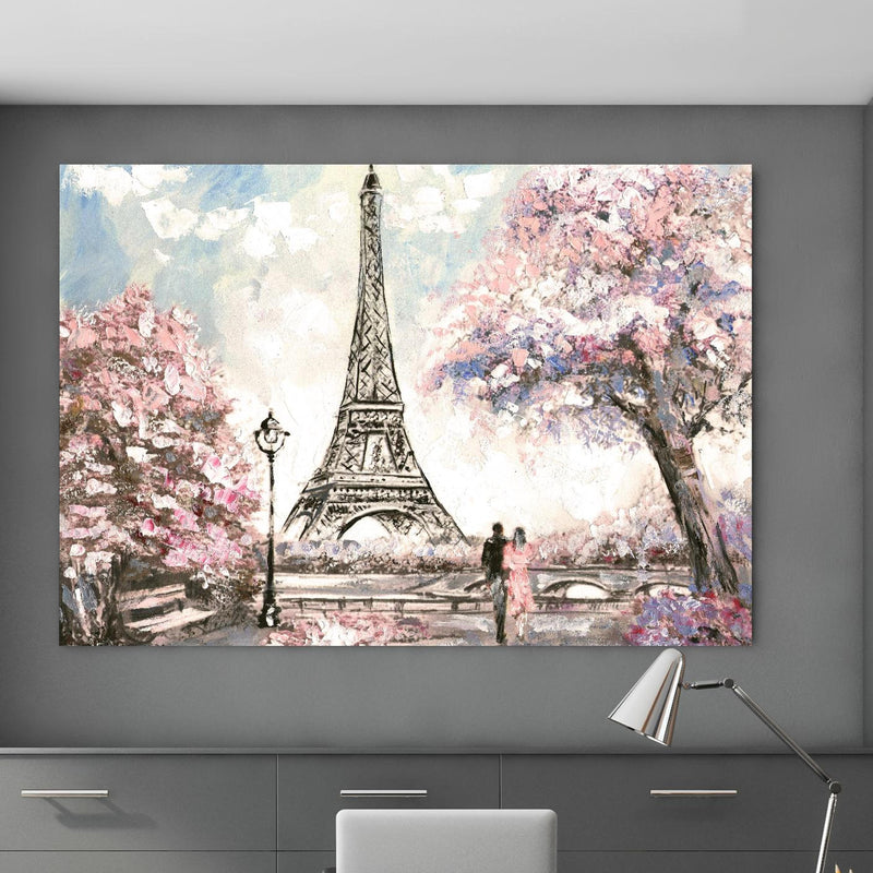 Office Poster  - Acrylgemälde eines Paares in Paris in klassischem Büroraum zwischen Holzschränken Zoom