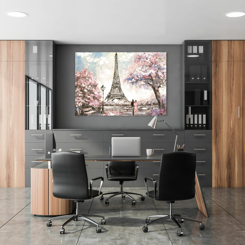 Office Poster  - Acrylgemälde eines Paares in Paris in klassischem Büroraum zwischen Holzschränken