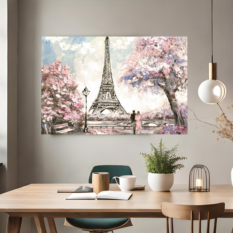 Office Poster  - Acrylgemälde eines Paares in Paris über klassischem Holztisch mit runder Vase - rechteckig