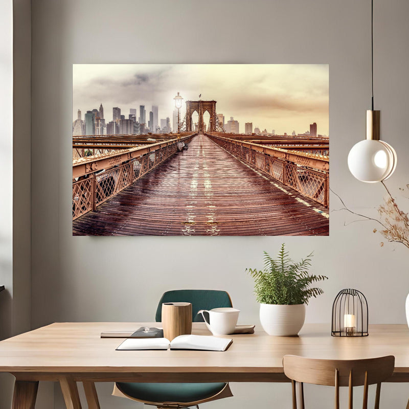 Office Poster  - Ansicht der Brücke auf die Stadt über klassischem Holztisch mit runder Vase - rechteckig