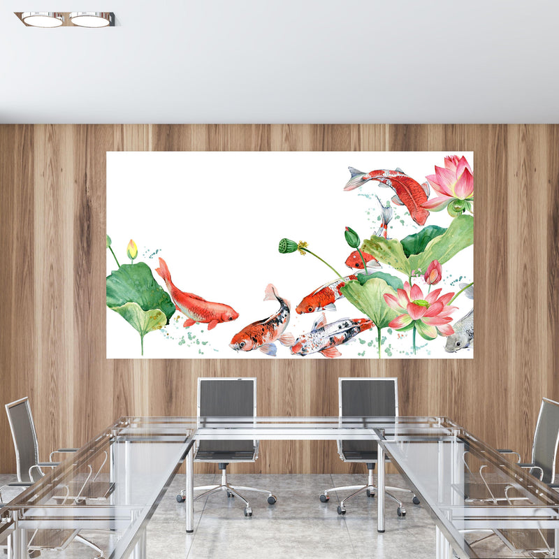 Office Poster  - Aquarell Koi Karpfen und Lotusblume in einem Konferenzraum mit Glastisch und Holzwand