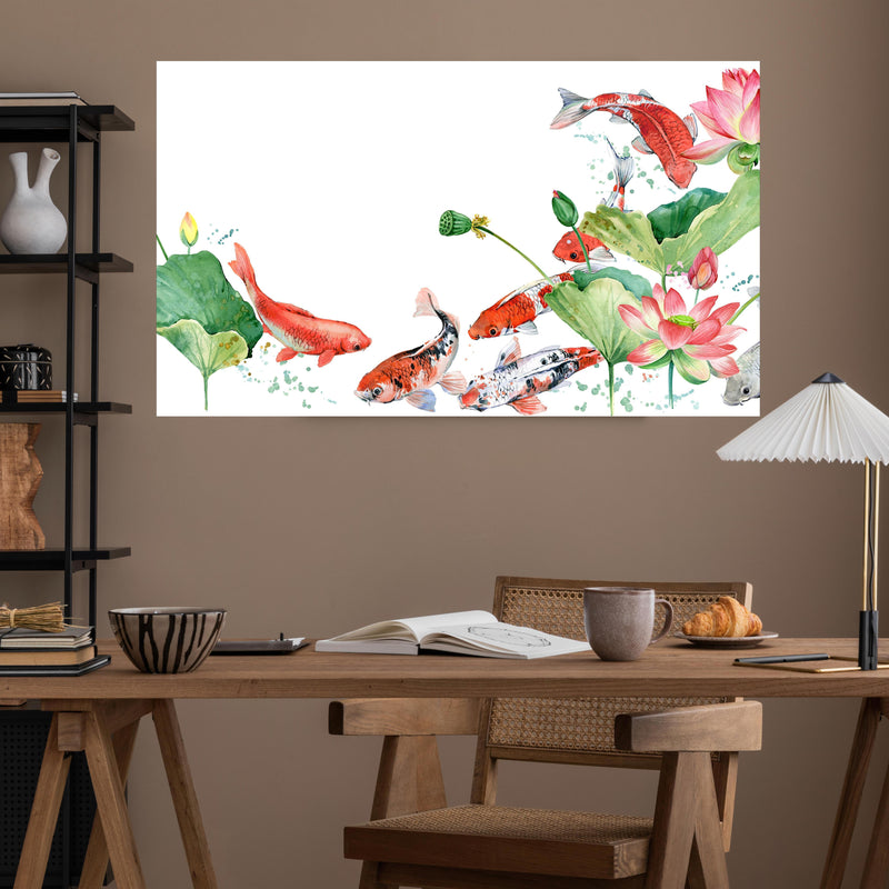 Office Poster  - Aquarell Koi Karpfen und Lotusblume über poliertem Holztisch mit stilvoller Lampe - rechteckig