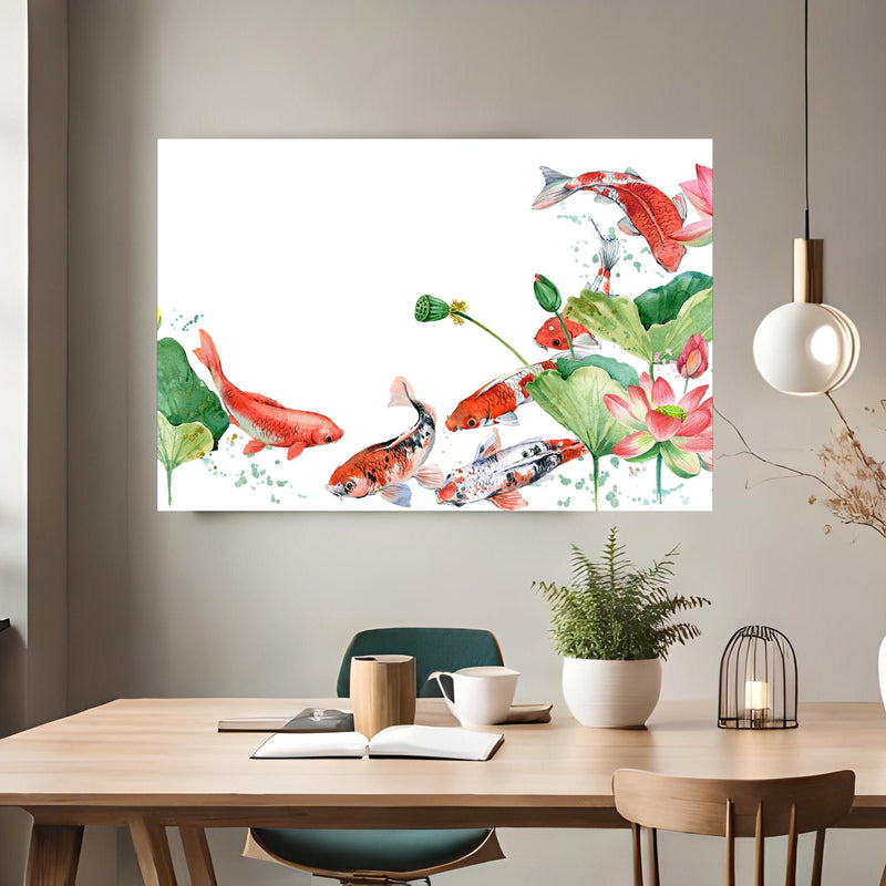 Office Poster  - Aquarell Koi Karpfen und Lotusblume über klassischem Holztisch mit runder Vase - rechteckig