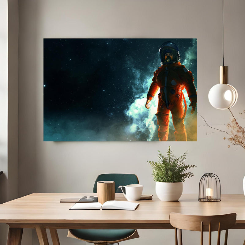 Office Poster  - Astronaut im Weltraum über klassischem Holztisch mit runder Vase - rechteckig