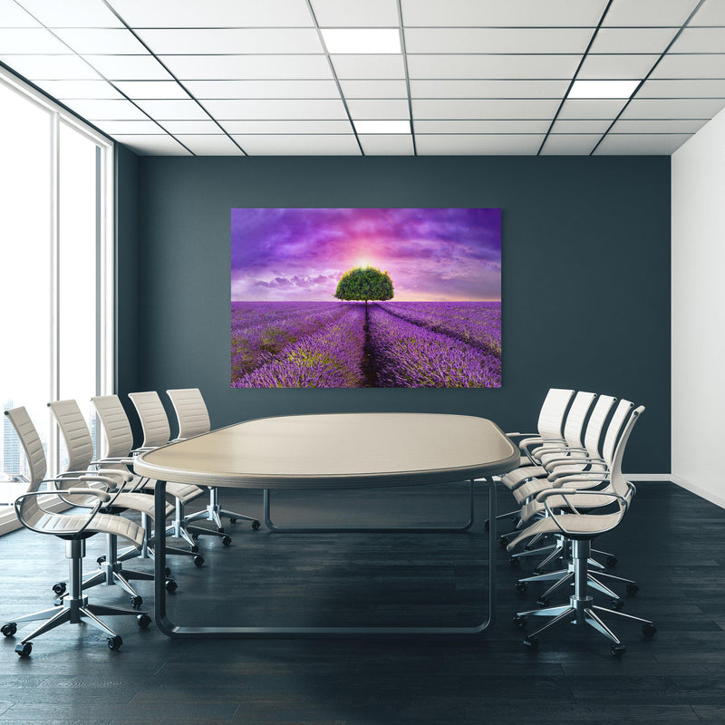 Office Poster  - Baum im schönen lavendel Feld an blauer Wand in einem Besprechungsraum