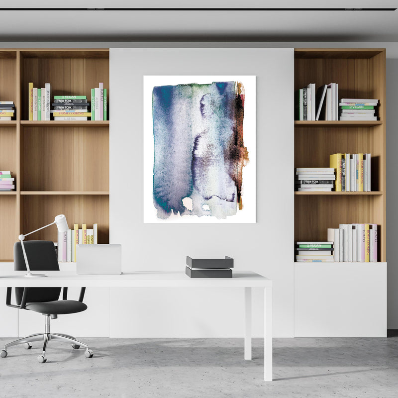 Office Poster  - Bläuliche Aquarell Zeichnung an einem Bücherschrank hinter kleinem Schreibtisch