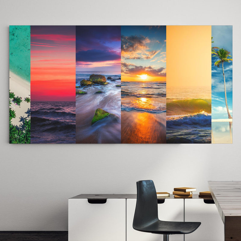 Office Poster  - Collage von Sommer Meer und Strand Bilder an einer Wand in minimalistisch eingerichtetem Heim-Büro Zoom