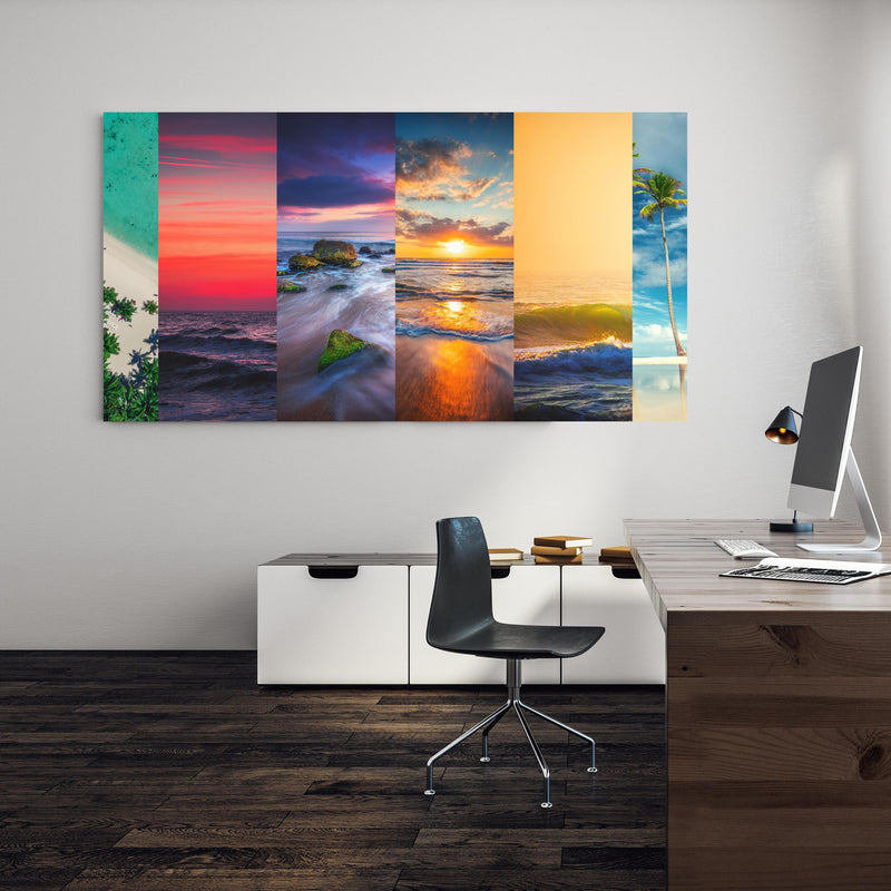 Office Poster  - Collage von Sommer Meer und Strand Bilder an einer Wand in minimalistisch eingerichtetem Heim-Büro