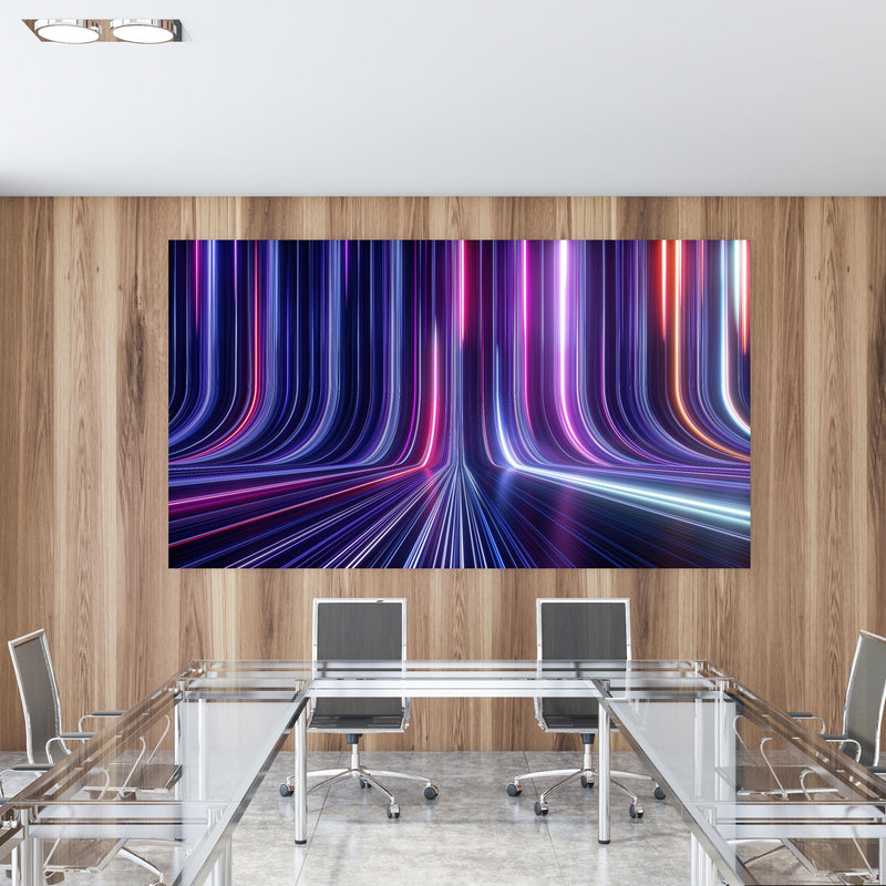 Office Poster  - Futuristisches Neon Design in einem Konferenzraum mit Glastisch und Holzwand