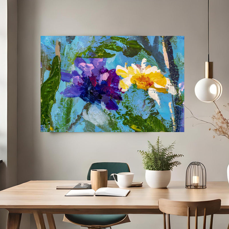 Office Poster  - Impressionistisches Blumen Gemälde über klassischem Holztisch mit runder Vase - rechteckig