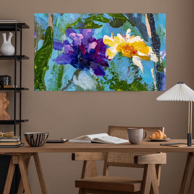 Office Poster  - Impressionistisches Blumen Gemälde über poliertem Holztisch mit stilvoller Lampe - rechteckig