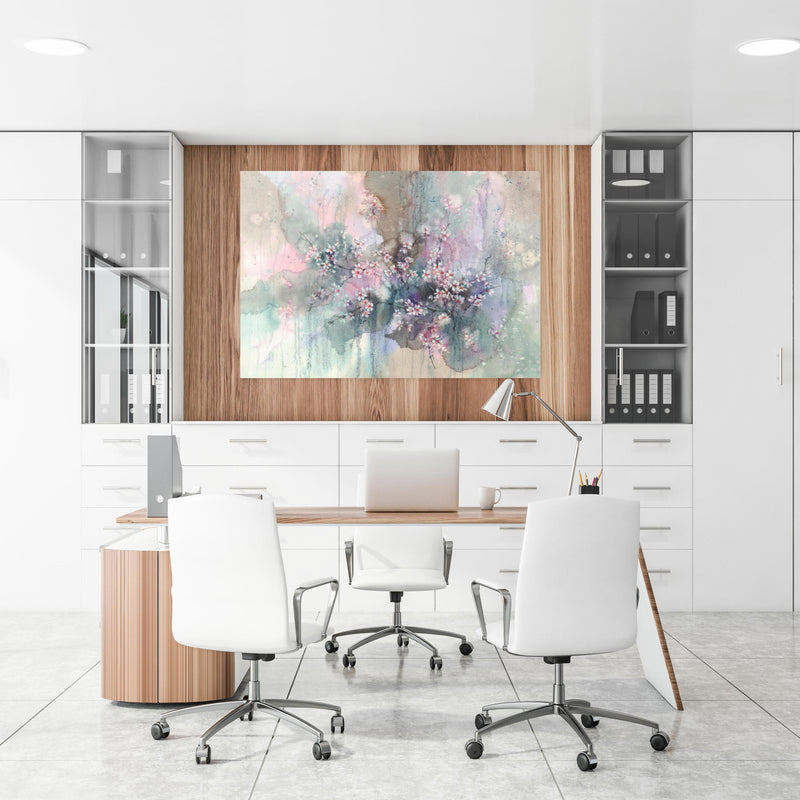 Office Poster  - Japanische Kirchblüten mit Aquarell Muster an einer Holzwand hängend im Büroraum
Office Poster  - Japanische Kirchblüten mit Aquarell Muster an einer Holzwand hängend im Büroraum