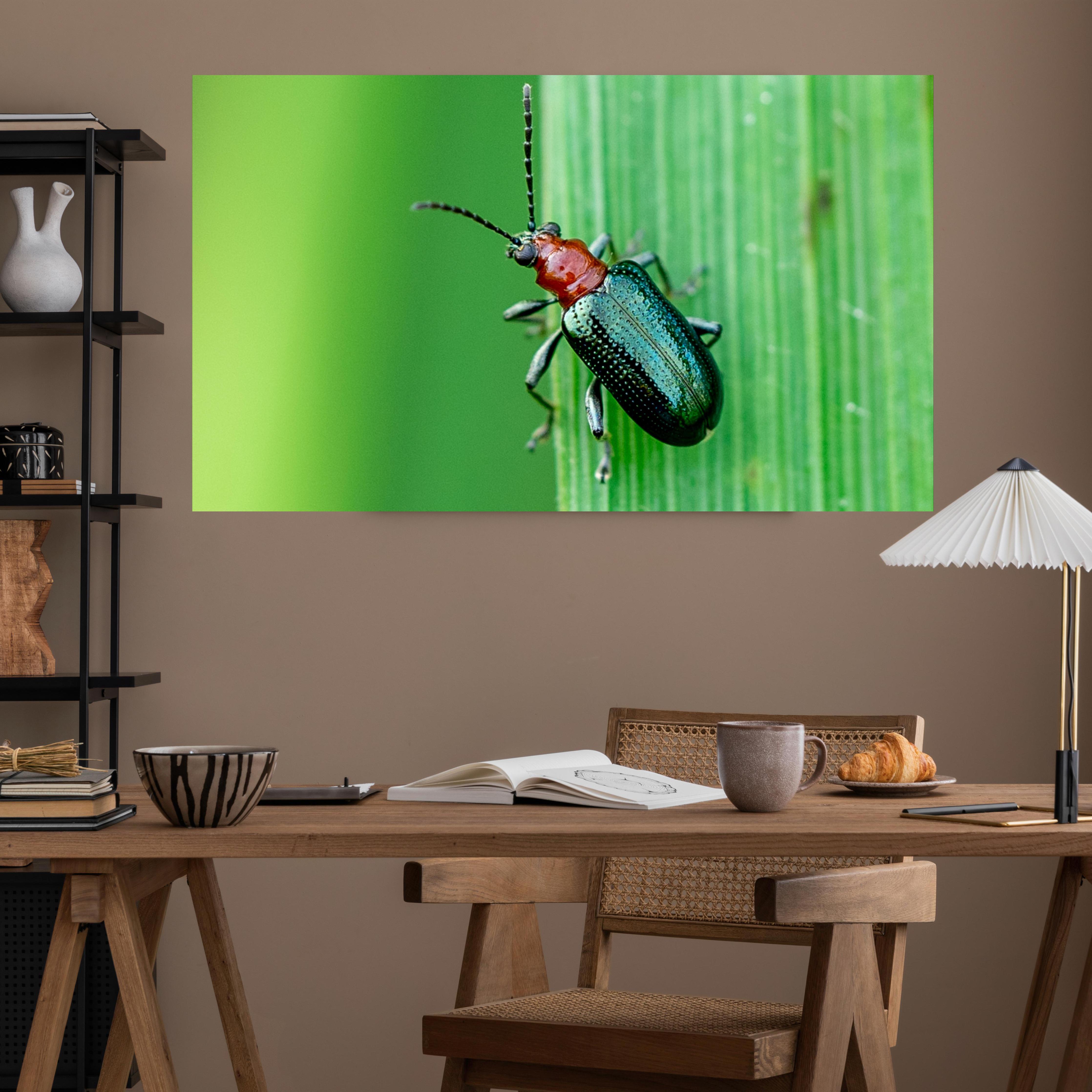 Office Poster  - Käfer auf Blatt über poliertem Holztisch mit stilvoller Lampe - rechteckig