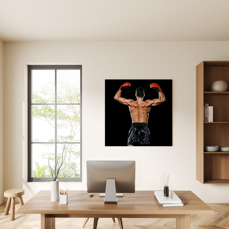 Office Poster  - Kaukasischer Boxer auf schwarzem Hintergrund in privatem Bürozimmer mit Holzschrank