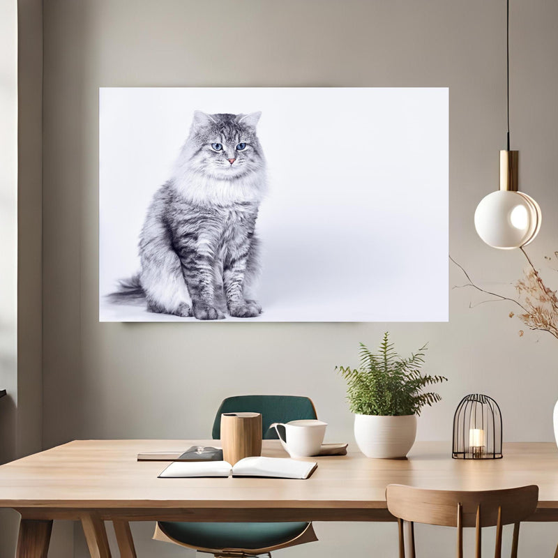 Office Poster  - Langhaar Kätzchen mit schönen blauen Augen über klassischem Holztisch mit runder Vase - rechteckig