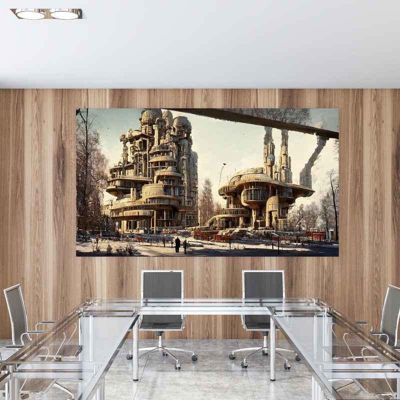 Office Poster  - Moderne Stadt in der Zukunft in einem Konferenzraum mit Glastisch und Holzwand