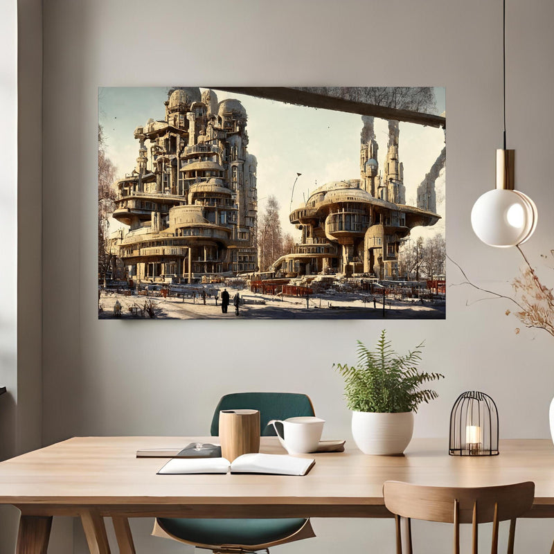 Office Poster  - Moderne Stadt in der Zukunft über klassischem Holztisch mit runder Vase - rechteckig