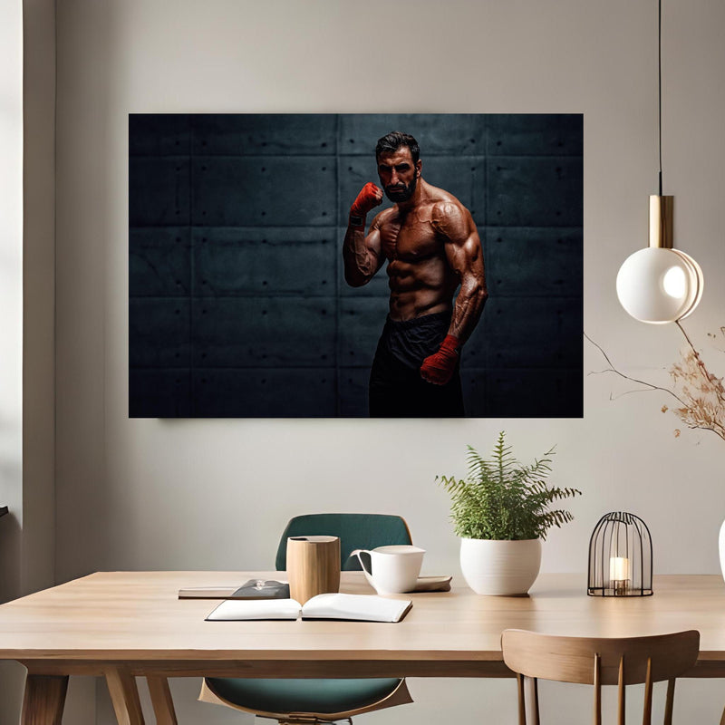 Office Poster  - Muskolöser MMA Kämpfer über klassischem Holztisch mit runder Vase - rechteckig