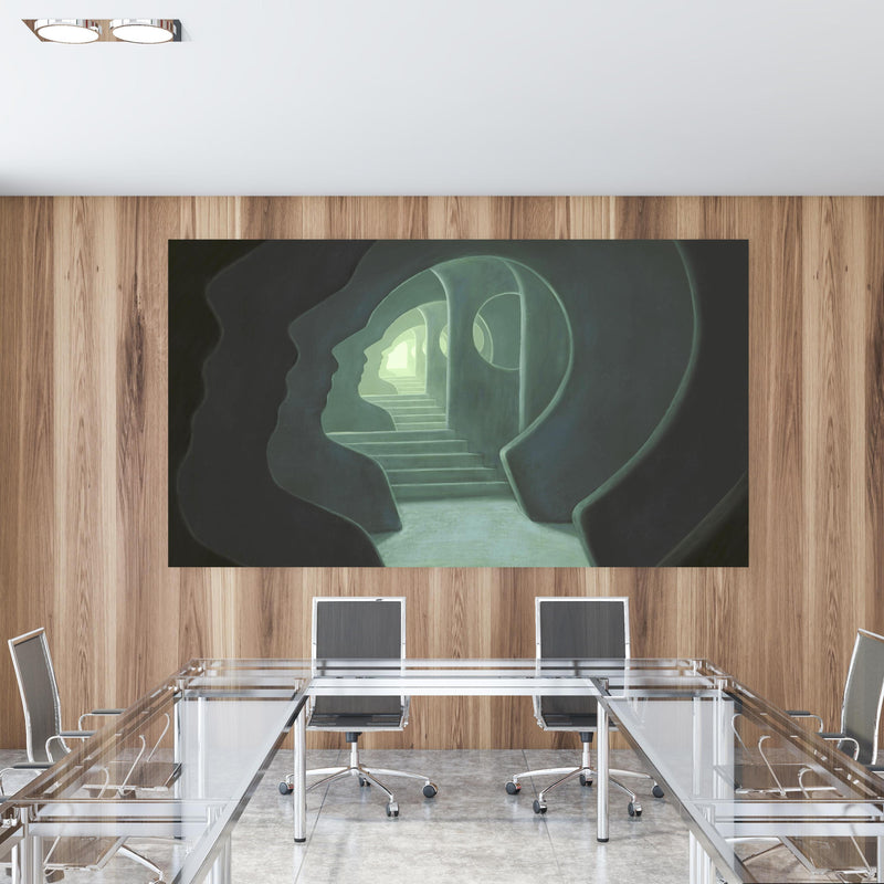 Office Poster  - Mysteriöses Türrahmen in einem Konferenzraum mit Glastisch und Holzwand