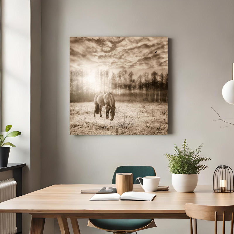 Office Poster  - Nebelige Weide mit Pferd im Herbst über klassischem Holztisch mit runder Vase - quadratisch