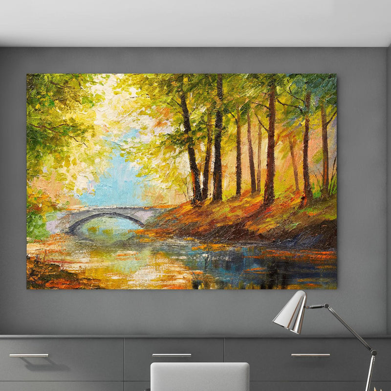 Office Poster  - Ölgemälde Herbst Wald mit Fluss in klassischem Büroraum zwischen Holzschränken Zoom