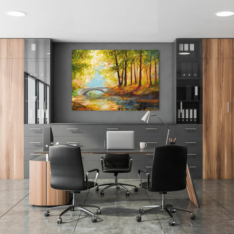 Office Poster  - Ölgemälde Herbst Wald mit Fluss in klassischem Büroraum zwischen Holzschränken